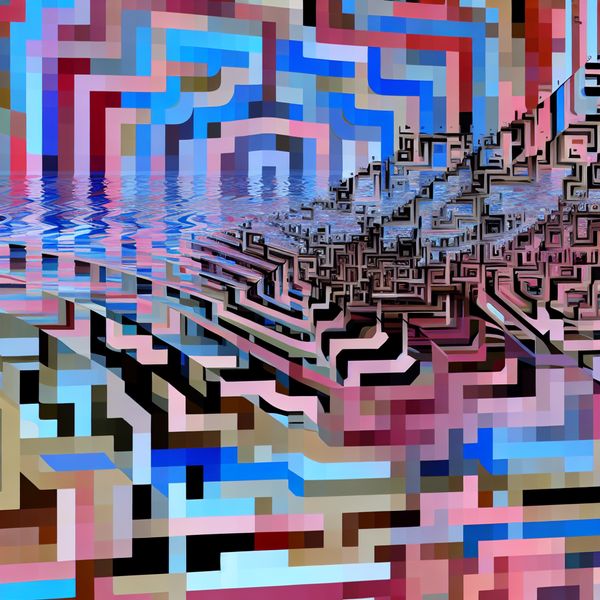Surrealistisch landschap met abstracte geometrische vormen die oorspronkelijk plannen symboliseren, die transformeren naar nieuwe constructies.