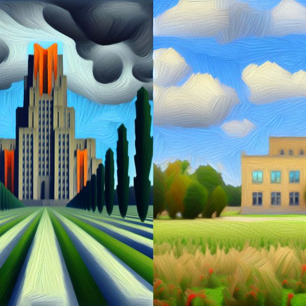 Vergelijking tussen grotere en betere structuren in surrealistisch landschap Surrealistisch landschap met een imposant gebouw dat 'groter' symboliseert aan de linkerkant en een elegante structuur die 'beter' vertegenwoordigt aan de rechterkant.