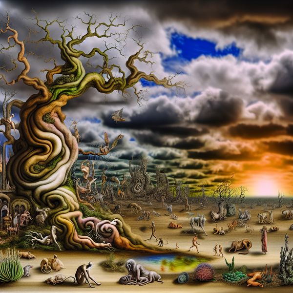 Surrealistisch Landschap van een Verwelkende Boom Een surrealistisch landschap met een oud, verdord boom die langzaam verwelkt door een mysterieuze ziekte, omringd door bizarre, fantastische wezens.