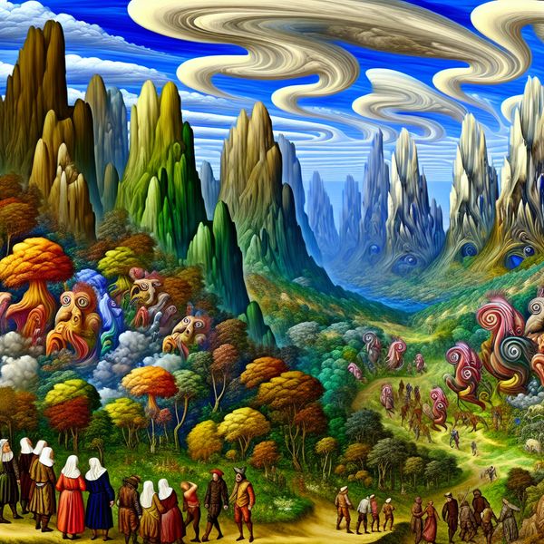 Surrealistisch landschap met hoge bergen en diepe valleien vol fantasierijke wezens, terwijl een groep mensen in verwondering kijkt.
