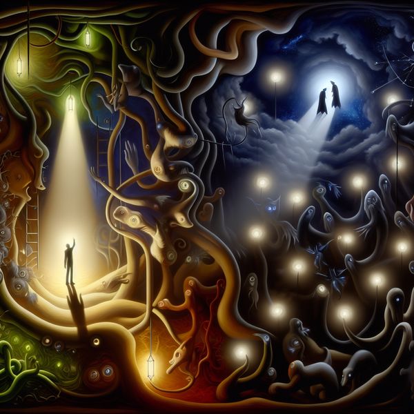 Surrealistisch landschap met thema van ware vriendschap en oppervlakkige relaties Een centrale figuur in een surrealistisch landschap staat tussen bizarre wezens die valse vrienden en afleidingen vertegenwoordigen, terwijl hij naar een stralend licht kijkt dat ware vriendschap symboliseert.
