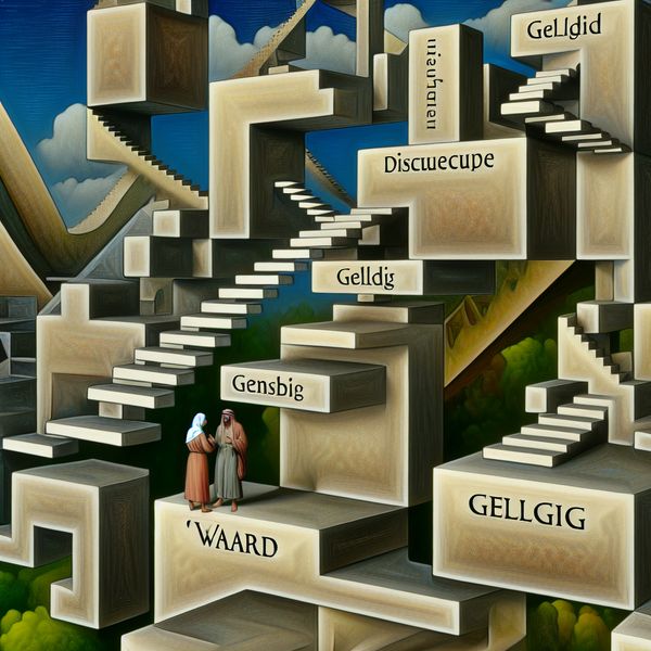 Surrealistisch landschap van waarden en betekenis in discussie Surrealistisch landschap geïnspireerd door M.C. Escher met twee figuren in gesprek omringd door zwevende tekstblokken met de woorden 'waard' en 'geldig'.