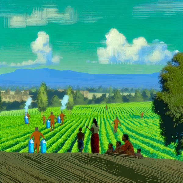 Een surrealistisch landschap met groene velden en mensen die spelen en frisse lucht inademen.