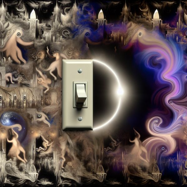 Surrealistische Lichtschakelaar en Veranderingen van Standen Surrealistische afbeelding van een lichtschakelaar op een grote wand, omringd door bizarre wezens en vreemde kleuren die verschillende lichtstanden symboliseren.