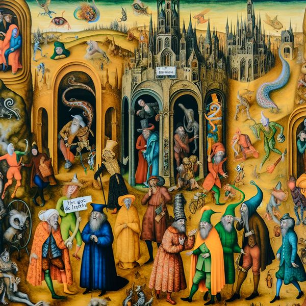 Surrealistisch marktplein van emoties en intenties Een surrealistisch marktplein met mensen die unieke emoties en intenties tonen, terwijl een mysterieuze figuur een bord met 'Het gaat om de intentie' vasthoudt.