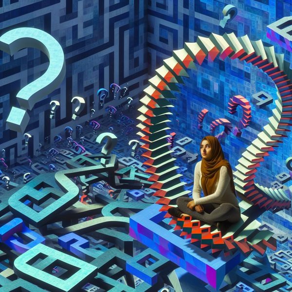 Persoon die diep in gedachten is, zittend in een surrealistische, geometrisch complexe omgeving vol zwevende vraagtekens en ingewikkelde diagrammen.