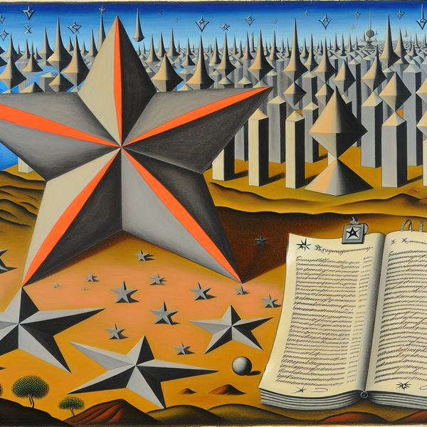 Een surrealistisch beeld met een enorme ster boven een technisch rapport in geometrische stijl.
