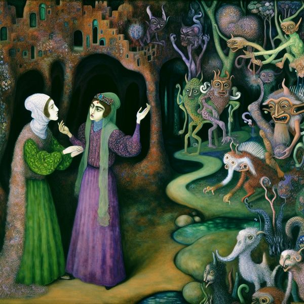 Surrealistisch Beeld van Imitatie en Vergelijking Een surrealistisch beeld van een meisje en haar moeder die op theatrale wijze met elkaar communiceren, omringd door bizarre wezens die hun bewegingen en gezichtsuitdrukkingen imiteren.