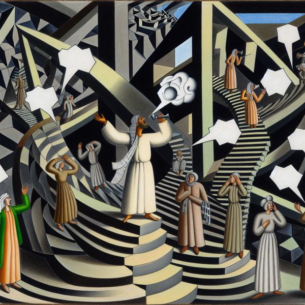 Surreëel beeld van miscommunicatie geïnspireerd door M.C. Escher Een surrealistisch tafereel geïnspireerd door M.C. Escher met een man die met zijn handen spreekt in een geometrisch complexe ruimte vol optische illusies.