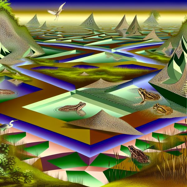Surrealistisch moeraslandschap met geometrische patronen, dieren zoals kikkers en watervogels, en luxe vegetatie.