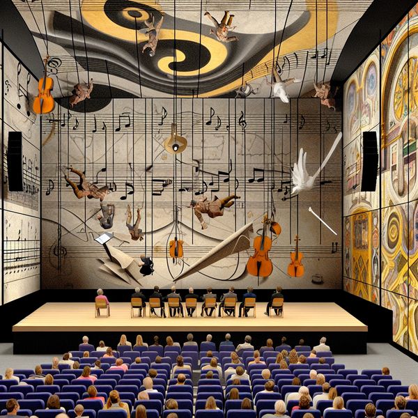 Muzikaal wonderland: surrealistische schoolvoorstelling met optische illusies en muzieknoten Surrealistisch auditorium geïnspireerd op M.C. Escher met zwevende muzikale noten, instrumenten en artiesten in een optisch illusie van een muzikaal evenement