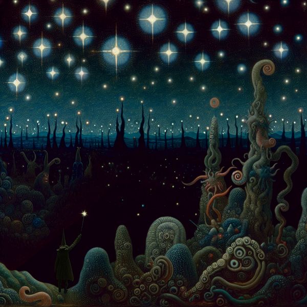 Surrealistisch nachtlandschap geïnspireerd door Hieronymus Bosch Surreal nachtlandschap geïnspireerd door Hieronymus Bosch, met sterrenhemel en bizarre wezens