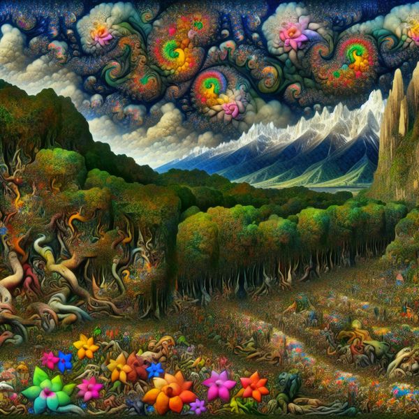 Surrealistisch landschap met kleurrijke flora en vreemde wezens, geïnspireerd door Hieronymus Bosch