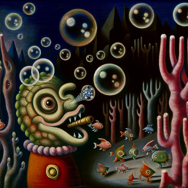Surrealistisch Onderwaterlandschap met Fantasiewezens Een fantasievol zeemonster dat luchtbellen blaast in een surrealistische onderwateromgeving.