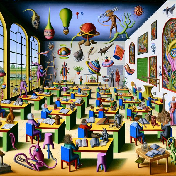 Surrealistische Onderwijsprogramma in de Stijl van Hieronymus Bosch Surrealistische klaslokaalscène met diverse studenten en bizarre wezens als leraren