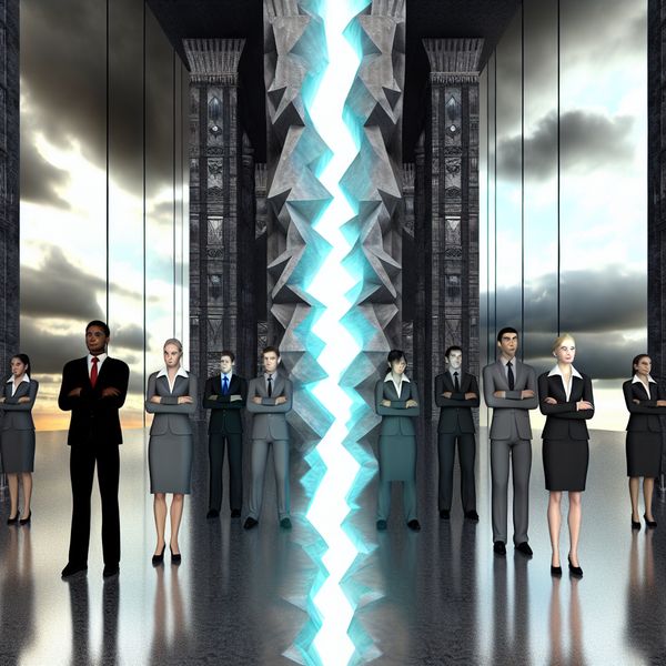 Surrealistische weergave van onenigheid in team of organisatie - symboliek van conflict en spanning Hyperrealistisch surrealistisch kantoor met een diepe, gloeiende scheur die twee groepen gespannen medewerkers scheidt, symbool voor onenigheid binnen een team of organisatie