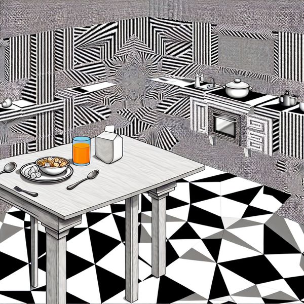 Surrealistisch Ontbijt Tafel in Geometrische Structuur Surrealistisch ontbijttafereel met gebogen geometrische vormen en alledaagse ontbijtitems die visueel samensmelten met de omgeving.