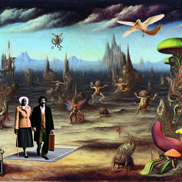 Surrealistisch ontmoetingspunt geïnspireerd door Bosch Surrealistisch landschap met een centrale plek waar een man en een vrouw aankomen, omringd door fantastische wezens en bizarre planten, geïnspireerd door de stijl van Hieronymus Bosch.