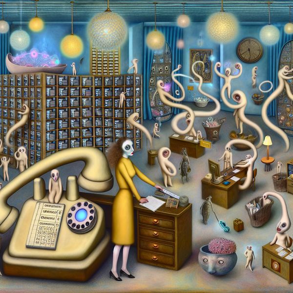 Surrealistische ontvangsthal met bizarre creaturen Surrealistische ontvangsthal met bizarre wezens en een receptionist die een enorme telefoon beantwoordt