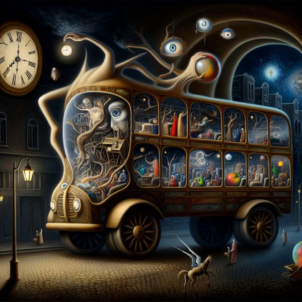 Surrealistisch openbaar vervoer: fantasierijke bus als levend voertuig voor reizen Surrealistisch openbaar vervoer in de stijl van Hieronymus Bosch: een levendige, hybride bus met passagiers in een droomachtige stad