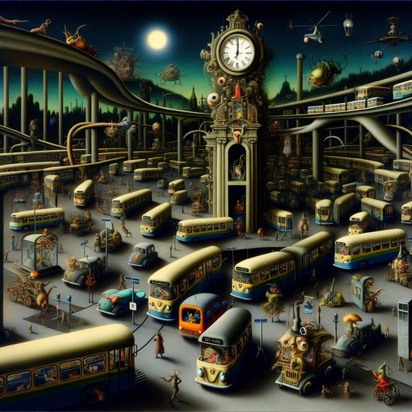 Surrealistisch openbaar vervoer knooppunt in de stijl van Hieronymus Bosch met bussen, trams en treinen in een droomachtige, chaotische setting