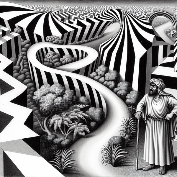 Surrealistisch pad met persoon die nieuwsgierig naar links kijkt, omringd door optische illusies en geometrische vormen.