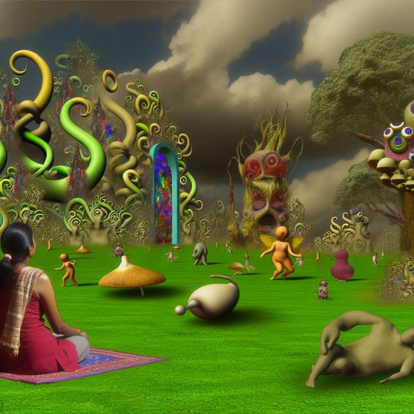 Surrealistische Lunchpauze in een Fantastisch Park Een surrealistisch park met een vrouw op groen gras omringd door bizarre wezens en oversized bloemen, geïnspireerd door Hieronymus Bosch.