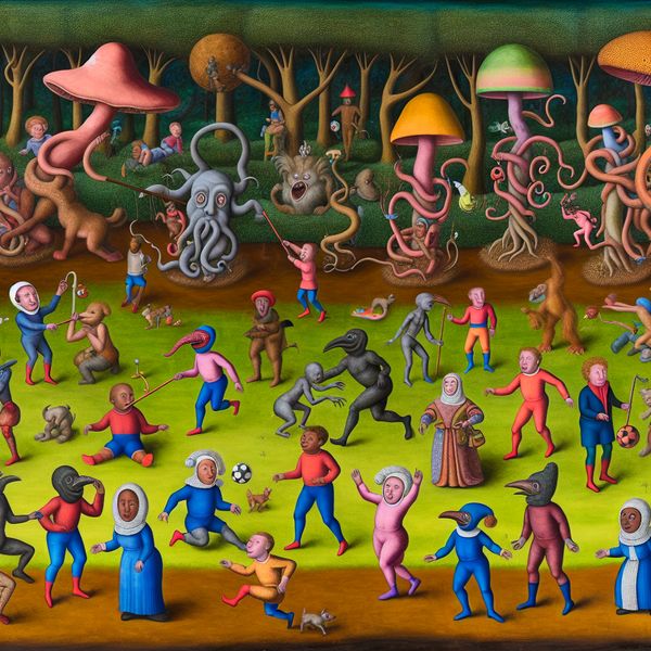 Surrealistisch Park Van Vrienden - Leer Nederlands Een surrealistisch park met vrienden die spelen in een bizarre omgeving, geïnspireerd door Hieronymus Bosch.