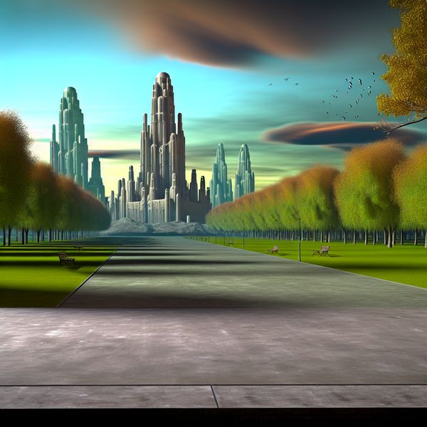 Surrealistisch Park met Lege Ruimtes en Monumentale Structuren Een surrealistisch park met indrukwekkende, monumentale structuren op de achtergrond en geen mensen zichtbaar in de weidse ruimte.