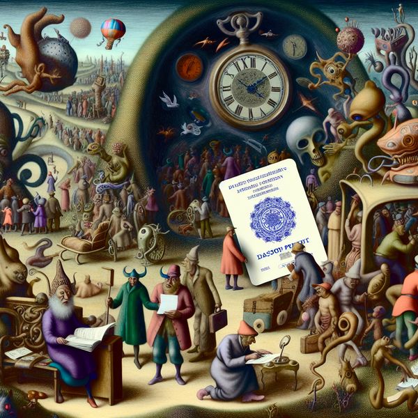 Surrealistische scène geïnspireerd door Hieronymus Bosch met een personage met een groot cartoonachtig paspoort en een opvallende geboortedatum, omringd door bizarre wezens en surrealistische elementen.