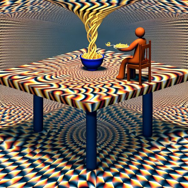 Iemand dineert aan een surrealistische tafel met een kom dampende pasta in M.C. Escher stijl