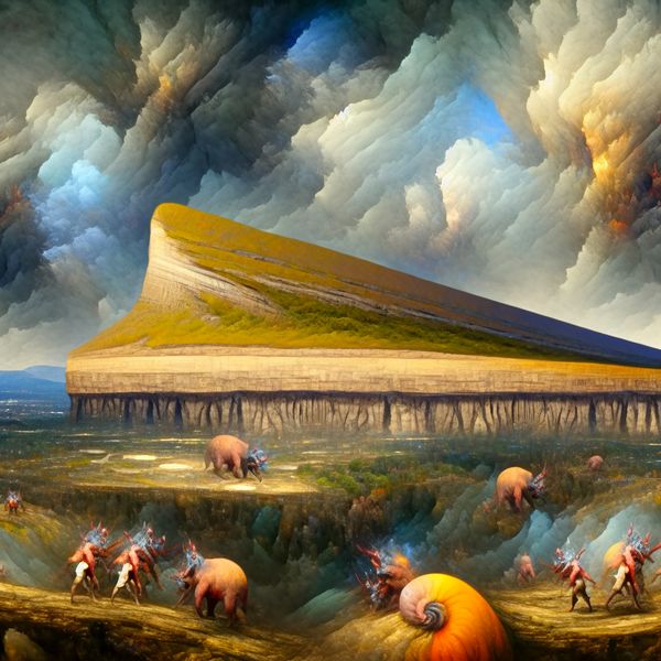 Surrealistisch plateau dat de Tafelberg afbeeldt boven een fantasierijke omgeving vol bizarre wezens.