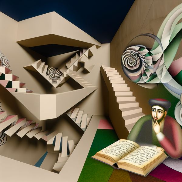Surrealistisch poëtisch landschap met M.C. Escher inspiratie Surrealistische scène met een poetische figuur in een abstract landschap vol met complexe patronen en optische illusies.