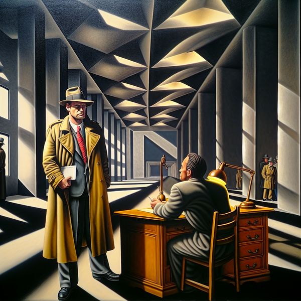 Rechercheur in politiebureau: surrealistisch portret van politieonderzoek in stijl van Carel Willink Hyperrealistisch schilderij van een strenge rechercheur in trenchcoat en fedora in een surrealistisch politiebureau, ondervragend een nerveuze getuige onder een eenzame bureaulamp