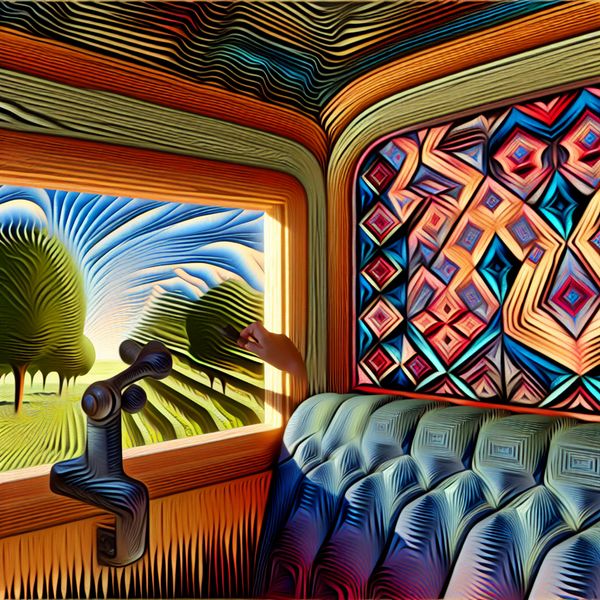 Surrealistisch Raam Openen in Voertuig - Ventileren Een persoon die een raam opent in een voertuig, omringd door surrealistische geometrische patronen en een vervormd landschap.