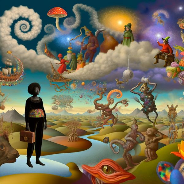 Surrealistisch Reislandschap Inspiring Door Hieronymus Bosch Een reiziger in een verrassend surrealistisch landschap vol bizarre wezens die verschillende emoties vertegenwoordigen, met een dramatische lucht vol wolken.