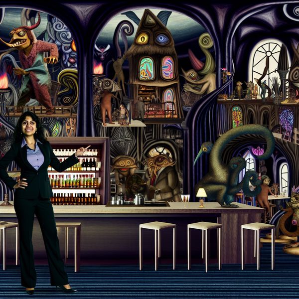 Een vrouw bestuurt haar surrealistische restaurant met vreemde wezens en bizarre architectuur.