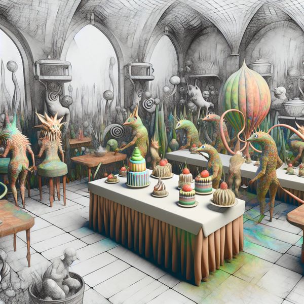 Surrealistisch restaurantinterieur met Bosch-stijl desserts Een surrealistisch restaurantinterieur in de stijl van Hiëronymus Bosch, met fantastische wezens en planten.