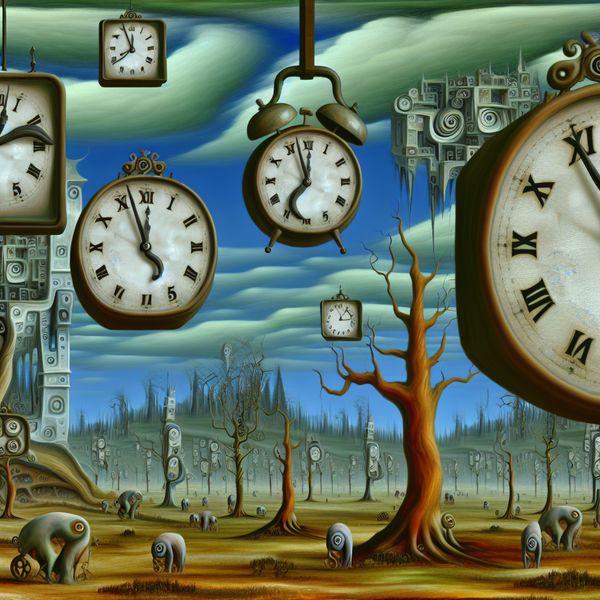 Surrealistisch schema van tijdsregistratie met vreemde klokken en wezens Surrealistische afbeelding van een schema met bizarre wezens en complexe klokken die verschillende tijden aangeven.