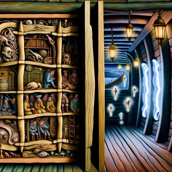 Scheidingswand schip surrealistisch: schot met symboliek en privacy in scheepsruimte Surrealistisch schipinterieur met houten scheidingswand (schot) tussen slaapruimte en privé cabine, geïnspireerd op Hieronymus Bosch