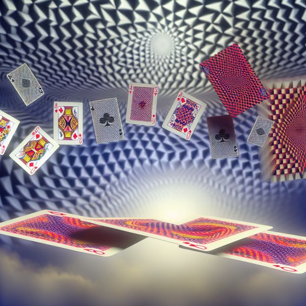 Surrealistisch spel kaarten in droomlandschap Surrealistische afbeelding van een drijvend spel kaarten die in elkaar overgaan in een droomachtige omgeving.