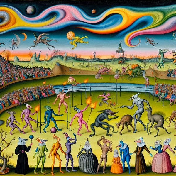 Surreële sporttoernooiscène met bizarre wezens die deelnemen aan ongebruikelijke evenementen, geïnspireerd door Hieronymus Bosch.