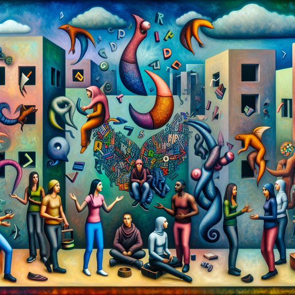 Een surrealistisch stadsbeeld met jonge mensen in gesprek omringd door kleurrijke, zwevende wezens die slang visualiseren.