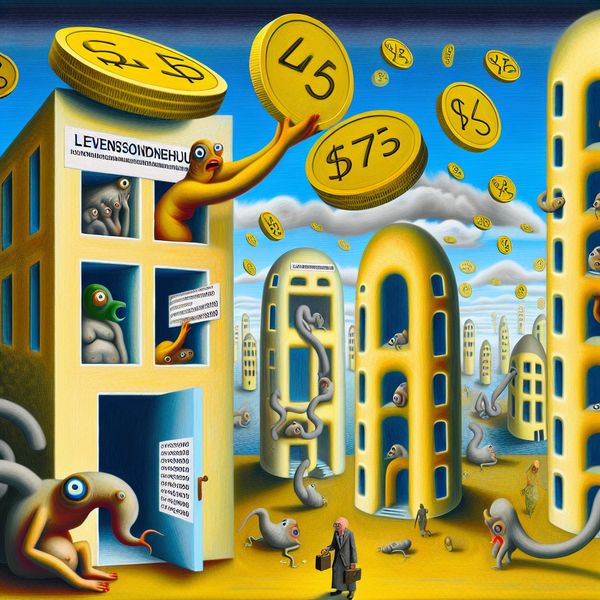 Betekenis van geld in surrealistisch stadslandschap Surrealistisch stadslandschap met bizarre wezens en enorme munten, symboliserend de hoge kosten van levensonderhoud.