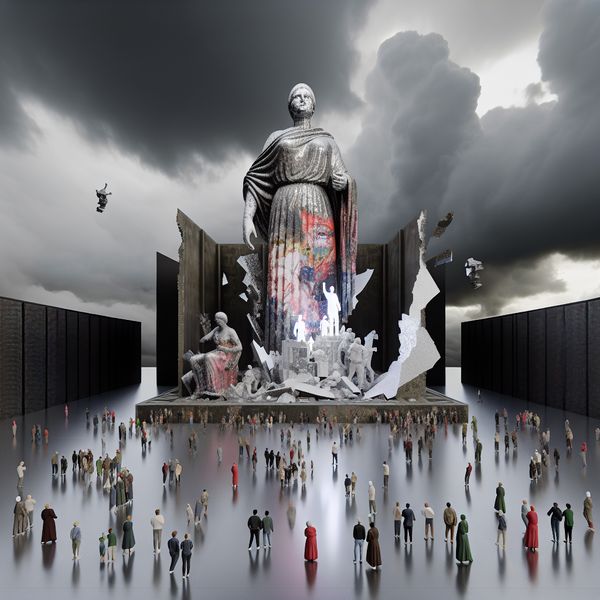 Surrealistisch standbeeld met graffiti en stormachtige lucht Een surrealistisch beeld van een torenhoge, vervallen vrouwenstandbeeld met een woedende uitdrukking, omringd door donkere wolken en stormachtige luchten, met graffiti featuring het woord 'bitch'.