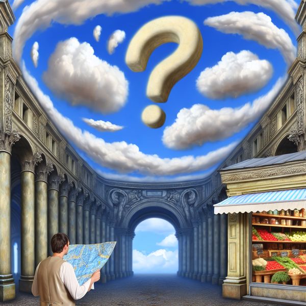 Surrealistische stedelijke landschap met kaart en vraagteken Een persoon staat voor een grote kaart in een surrealistisch stedelijk landschap, met een vraagteken erboven, zoekend naar een specifieke plaats.
