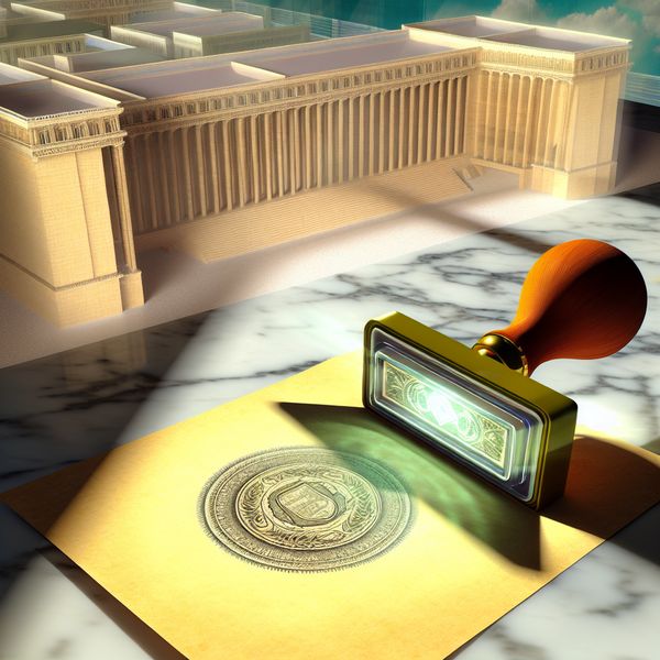 Een surrealistisch tafereel met een grote, versierde stempel op een vergeeld document op een marmeren tafel, met een etherische gloed die goedkeuring suggereert.