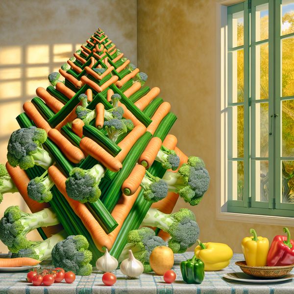 Surrealistisch stilleven geïnspireerd door M.C. Escher met eetbare groenten zoals wortelen, broccoli en paprika's die in geometrische patronen uit een onmogelijke tafel groeien, geschikt voor taalonderwijs over eten en koken