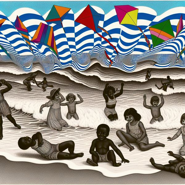 Surrealistisch strand met blije kinderen en Escher-invloeden Kinderen spelen op een surrealistisch strand geïnspireerd door M.C. Escher, met geometrische patronen en kleurrijke vliegers