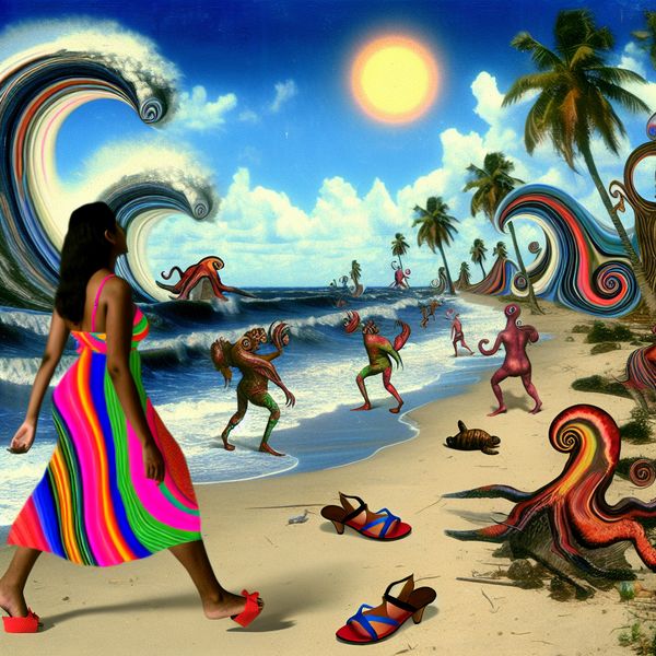 Surrealistisch Strand met Bizarre Wezens in Zomerstijl Een vrouw in een levendige zomerjurk wandelt over het zand langs een surrealistisch strand vol bizarre en fantasierijke wezens in de stijl van Hieronymus Bosch.